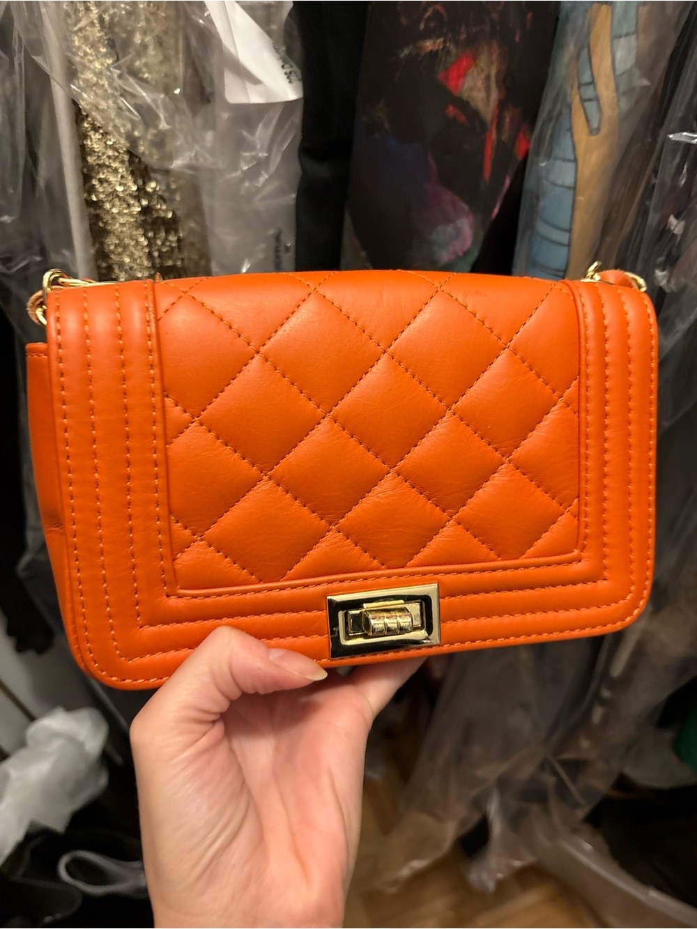 Quilted Orange Crossbody Bag with Gold Hardware